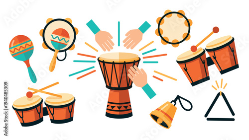 Colorful music percussion instruments in flat style with drums and maracas