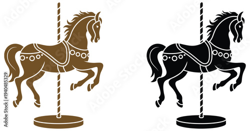 Carousel horse vector illustration vintage amusement park ride. Elegant hand-drawn classic merry-go-round horse with decorative saddle and ornate details,