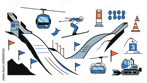 Winter sports scene with skiing and snowboarding elements in modern design
