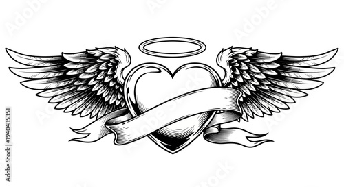 Angel Wings Heart Tattoo Design Illustration.