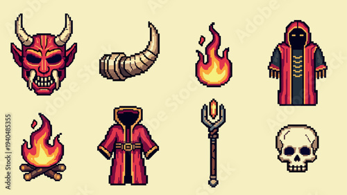 Pixel icons of dark magic: demons, wizards, fire, and skulls