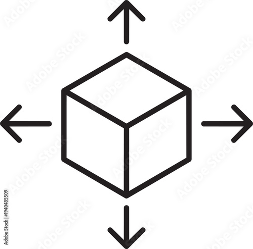 Line icon for 3D model scaling representing dynamic dimension adjustment in engineering and product design processes