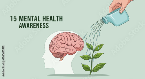 Mental health awareness concept with human brain and growing plant symbolizing psychology wellness therapy emotional wellbeing and self care