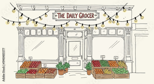 Grocery Store Front with Fresh Produce Display.