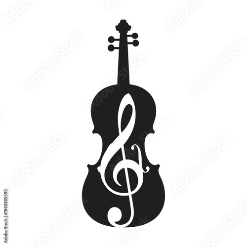Black Violin Silhouette with White Treble Clef Symbol, Musical Instrument Icon