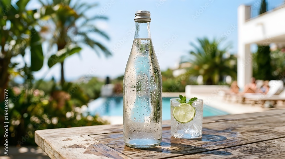 Obraz premium Refreshing summer drinks on a poolside table with bottle and glass.