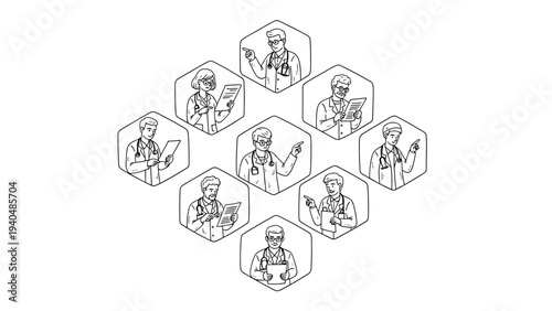 Medical team collaboration concept: minimalist hexagonal doctor portraits