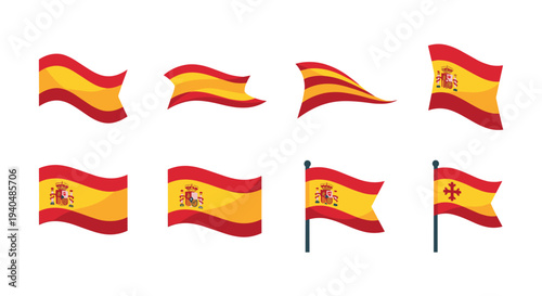 Set of spanish flags in flat style featuring various designs and crests