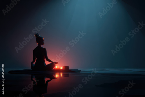 Woman Meditating with Candlelight in Dark Minimal Scene Mindfulness Meditation Wellness Concept