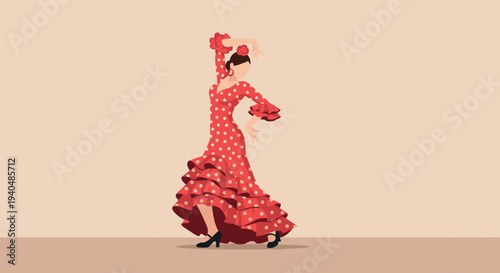 Elegant flamenco dancer in red polka dot dress captured in vibrant flat style