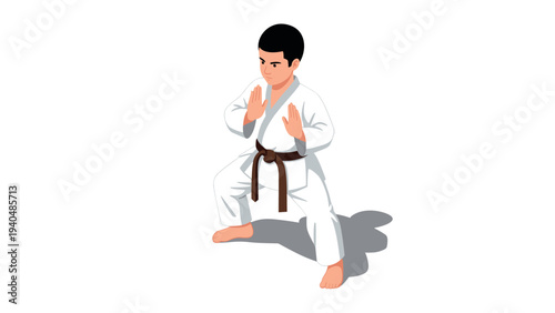 Karate practitioner in training pose on white background with shadow