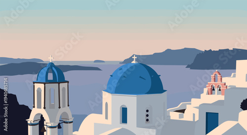Charming santorini landscape: flat architectural coastal scene with blue domes at sunset