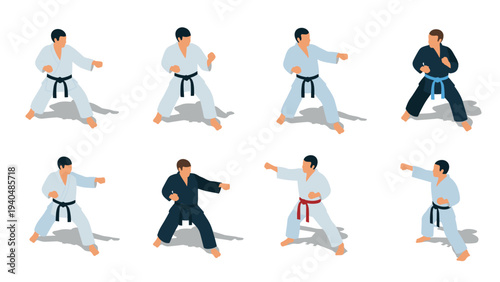 Karate practitioners in different poses on a white background