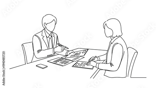Business meeting outline: professionals discussing documents at work