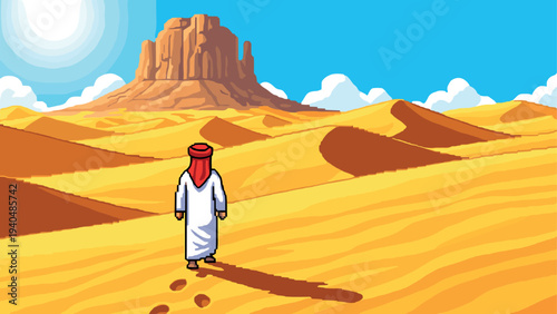 Lone traveler walking in colorful pixel art desert landscape under sun