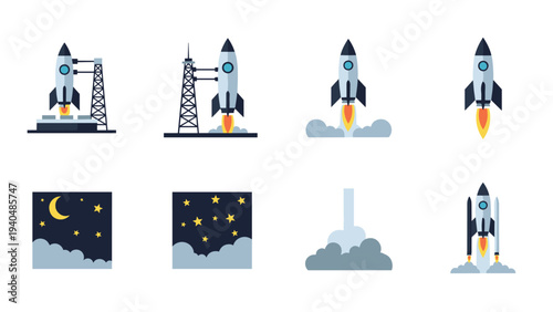 Flat design rocket launch sequence with night sky elements