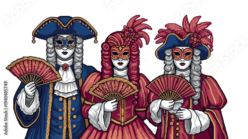 Elegant carnival attire in historic venetian style with ornate masks and fans