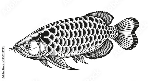Detailed Black and White Fish Illustration.