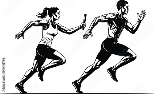 Dynamic relay race runners passing baton in full sprint, athletic male and female track athletes isolated vector style illustrationDynamic relay race runners passing 