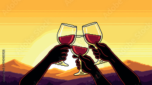Celebration toast at sunset with wine glasses against a vibrant pixel art background