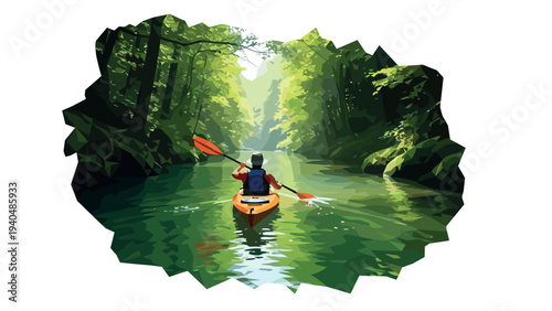 Polygonal kayaker exploring a serene forest river