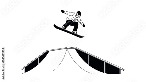 Snowboarder performing jump in black and white silhouette style on half pipe