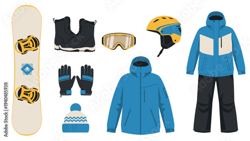 Winter sports gear: complete snowboarding outfit with equipment in flat style
