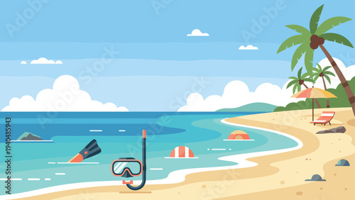 Idyllic beach scene with snorkel gear and palm trees under a clear sky