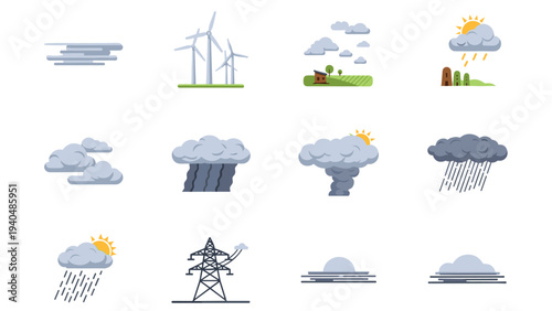 Flat weather and energy icons collection featuring wind turbines and cloud variations