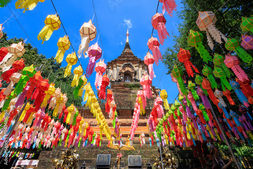 Colorful lanna lanterns decorating ancient Chiang Mai temple