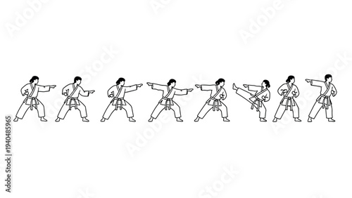 Karate sequence line art: practicing katas with precision and style