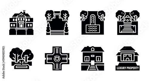 Elegant mansion and garden icons: silhouette architecture set for luxury real estate
