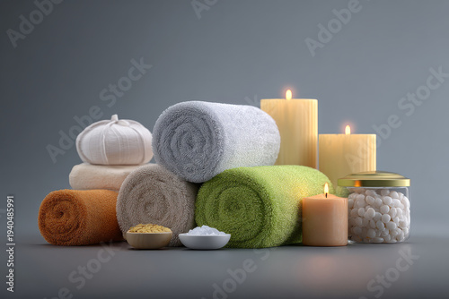 Spa Wellness Still Life with Rolled Towels, Candles and Natural Bath Accessories Relaxation Concept