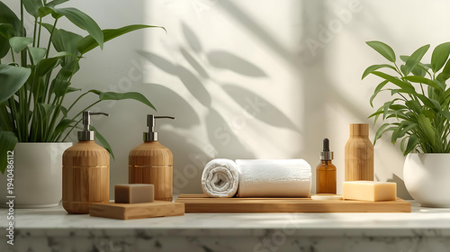 Bamboo bathroom essentials on marble countertop with green plants and white towel, eco-friendly luxury spa products