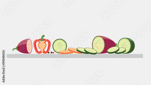 Fresh sliced vegetables on shelf in flat design style