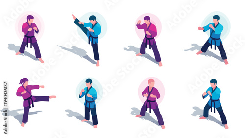 Martial arts poses: diverse karate figures in flat style