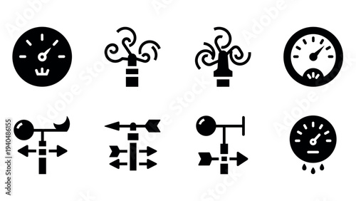 Weather icon set: gauge, direction, wind symbols in simple black design