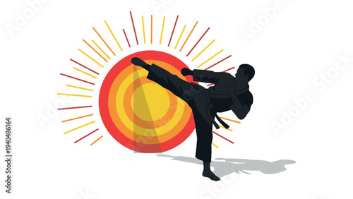 Karate silhouette with sunburst background in dynamic kick pose