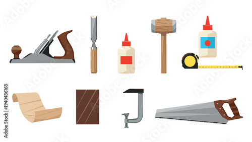 Collection of essential carpentry tools in a flat design style