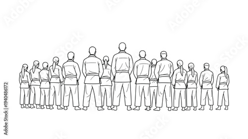 Martial arts class outline with group of people in uniform facing away