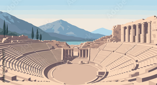 Ancient amphitheater with mountain landscape in flat design