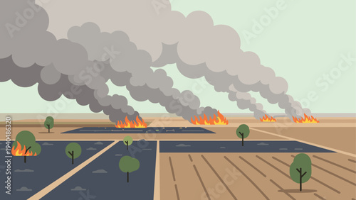 Wildfire vulnerability: agricultural fields affected by spreading fires with thick smoke