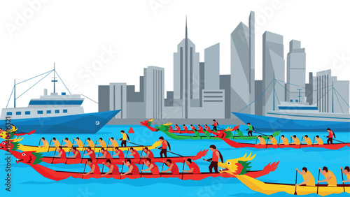 Multicolored dragon boat race with vibrant cityscape background