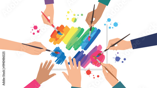 Diverse hands painting together on a vibrant color palette