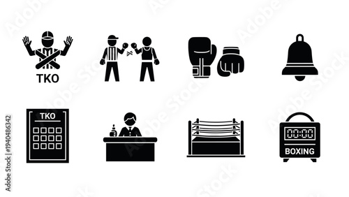 Boxing icons set featuring silhouette gloves, ring, and tko symbols
