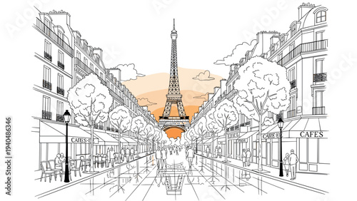 Charming paris street scene with eiffel tower in background at sunset