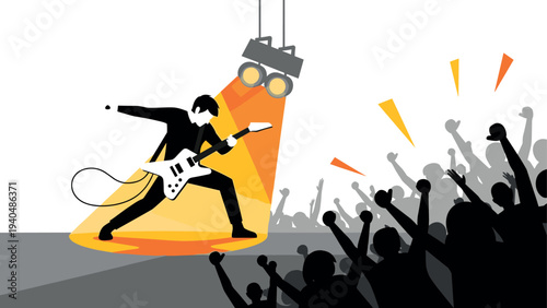 Dynamic rock guitarist on stage with excited concert crowd in silhouette style
