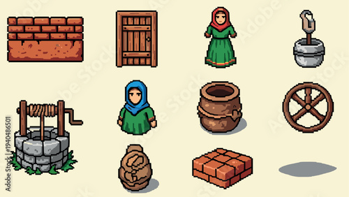 Retro pixel art medieval building elements and characters in classic style