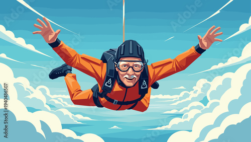Elderly skydiver mid-flight in vibrant cartoon style with lush blue sky and clouds