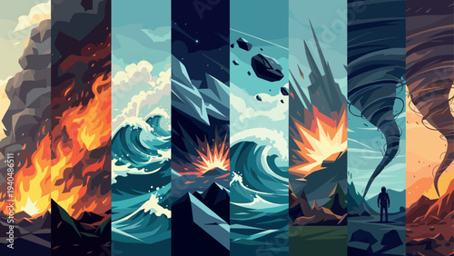Dramatic natural disasters panels featuring fire, ocean storm, meteor, tornado, and earthquake
